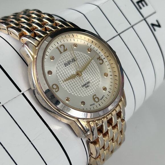 August Steiner Diamond Gold Tone St. Steel Women’s Analog Watch New Battery - Picture 3 of 8